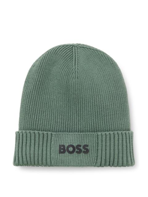 BOSS LOGO-DETAIL BEANIE HAT IN COTTON AND VIRGIN WOOL