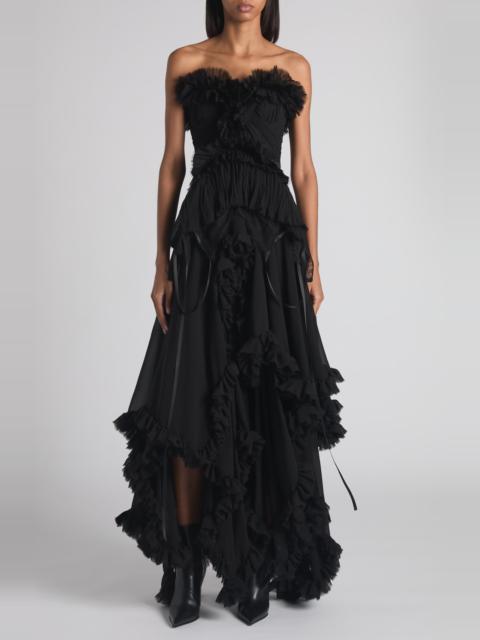 Alexander McQueen McQueen Tiered Ruffle Strapless Silk Georgette Gown in Black at Nordstrom