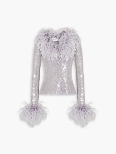 16ARLINGTON Pendall feather-embellished sequined mesh top