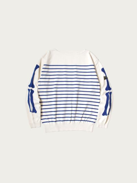 Kapital 12G Panel Stripe Knit Boat-Neck Sweater (BONE Sleeve) - Navy Blue