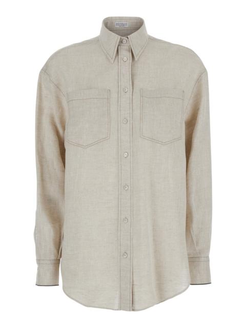 Brunello Cucinelli Women Beige Shirt With Chest Pockets And Monile Decorations In Linen Woman