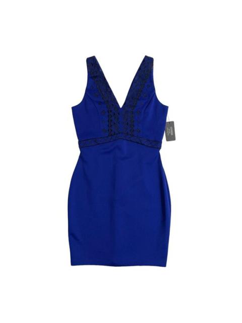 Other Designers Guess Blue Dress Embroidered V Neck Scuba Knit Mini Sheath Dress SZ 8 NWT $108
