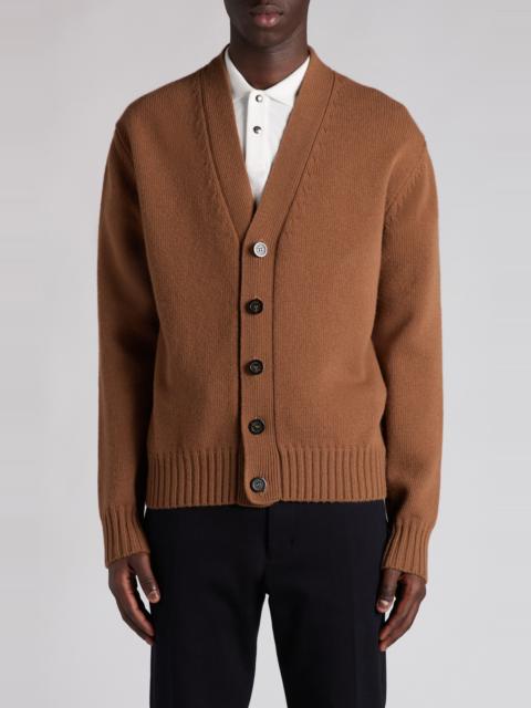 Moncler Moncler Logo Patch Virgin Wool Cardigan in Dull Brown at Nordstrom