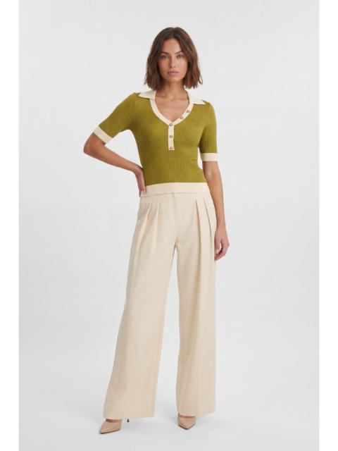 KAREN MILLEN Knit Rib With Contrast Hem Detail Collared Short Sleeve Top