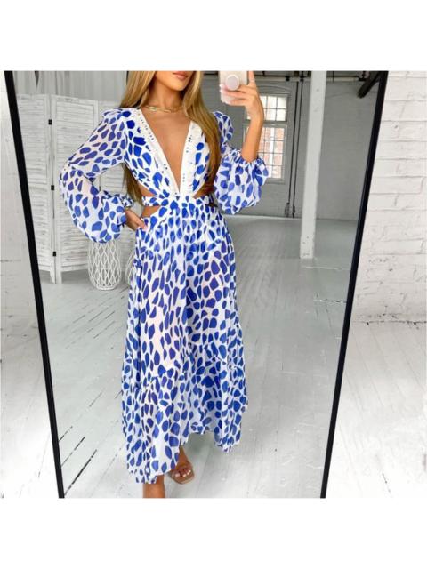 Other Designers Luxxel - Blue & White Printed Crochet Trim Cut-Out Beach Dress