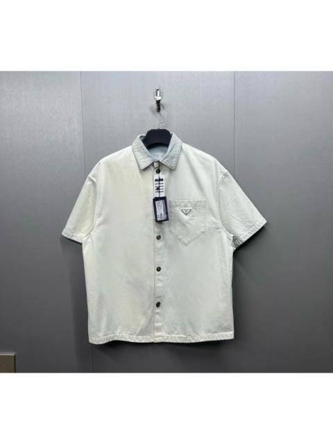 Prada Prada Triangle Logo Washed & Distressed Short-Sleeve Denim Shirt