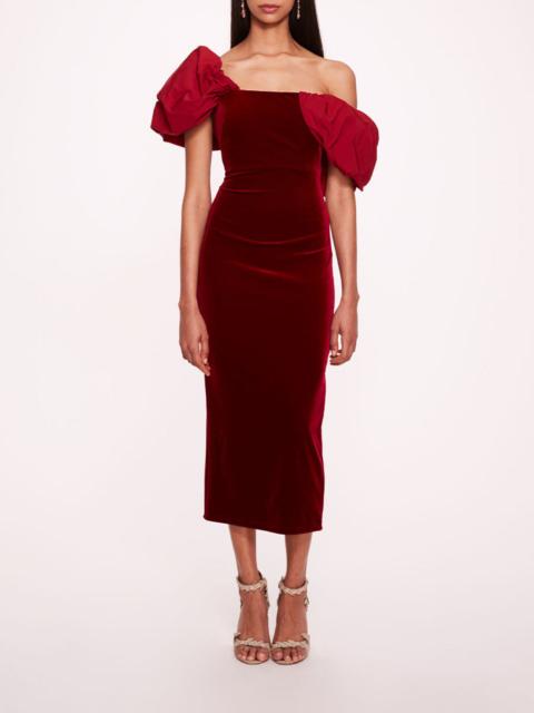 Marchesa ASYMMETRICAL VELVET MIDI DRESS