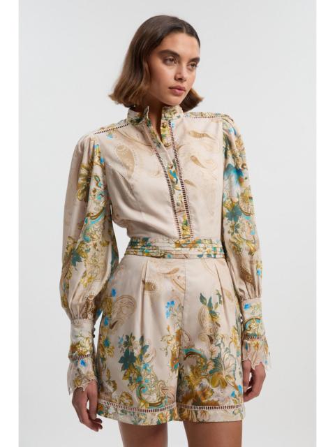 KAREN MILLEN Voile Floral Border Print Woven Playsuit With Ladder Lace Trim