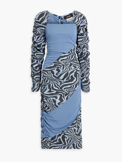 GANNI Ruched printed cotton-poplin and jersey midi dress