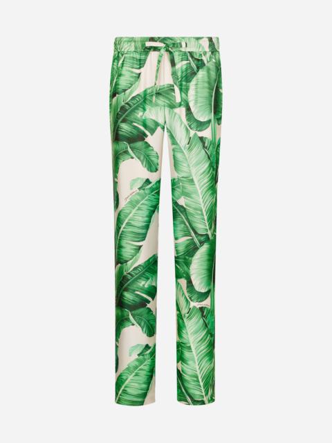 Banana-tree-print silk pajama pants