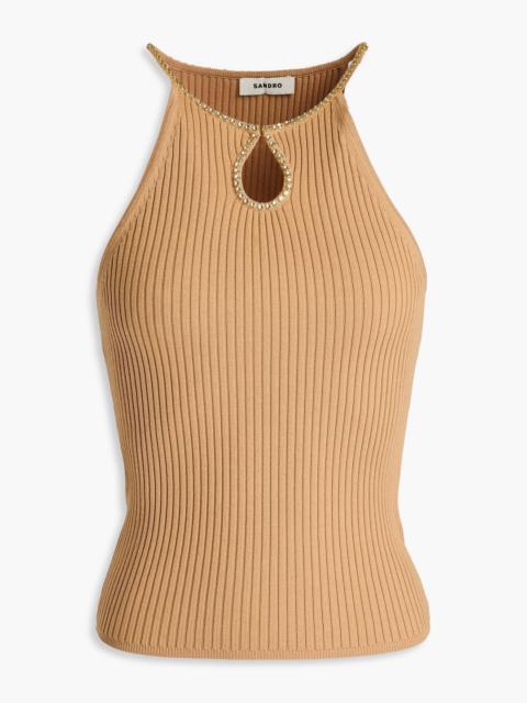 Sandro Crystal-embellished cutout ribbed-knit top