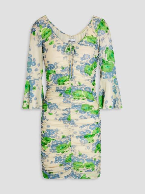 GANNI Ruched floral-print mesh mini dress