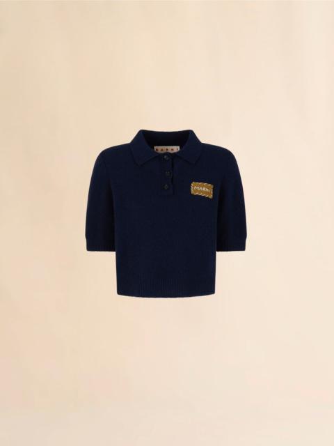 Marni DEEP BLUE CASHMERE POLO SWEATER WITH MARNI APPLIQUÉ