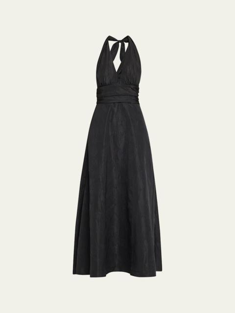 BERNADETTE Marylin Camelia Embossed Cotton Midi Halter Dress