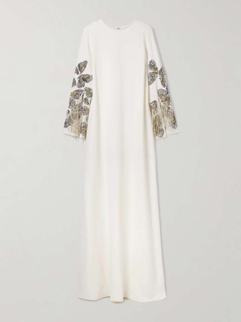 Embroidered embellished silk-blend crepe gown Ivory