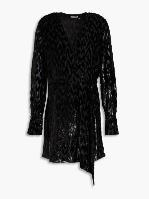 SIMKHAI Camryn wrap-effect metallic fil coupé Lurex and silk-blend mini dress