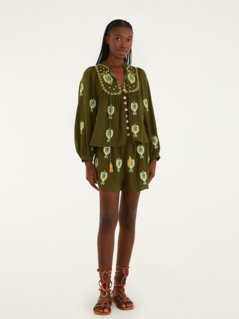 FARM RIO Green Heart Tapestry Embroidered Lenzing™ Ecovero™ Euroflax™ Shorts