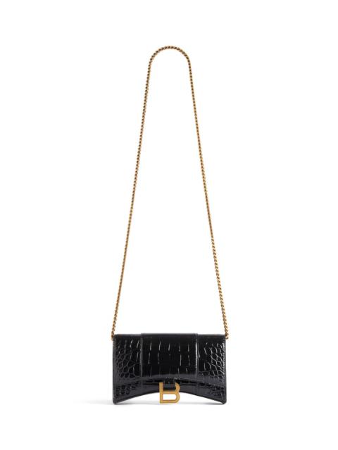 BALENCIAGA Women's Hourglass Wallet With Chain Crocodile Embossed in Black