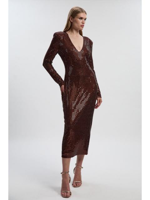 KAREN MILLEN Premium Crystal Embellished Long Sleeve Plunge Neck Midi Dress
