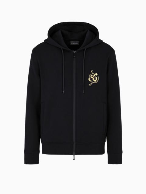 EMPORIO ARMANI DOUBLE-JERSEY HOODED ZIP SWEATSHIRT WITH LUNAR NEW YEAR EMBROIDERY