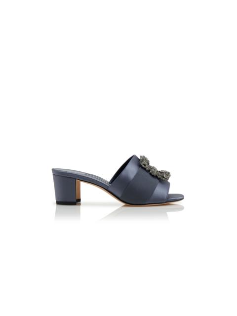 Manolo Blahnik Blue-Grey Satin Jewel Buckle Mules