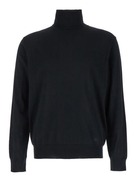 Valentino Men Black Turtleneck With Embroidered Vlogo In Wool Man