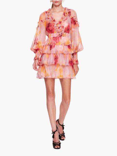 Marchesa ORCHID SILK V-NECK TIERED RUFFLE MINI DRESS