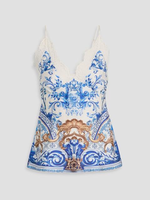 CAMILLA Lace-trimmed printed silk-twill camisole