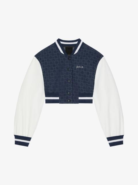 CROPPED VARSITY JACKET IN DENIM MONOGRAM 72 AND LEATHER