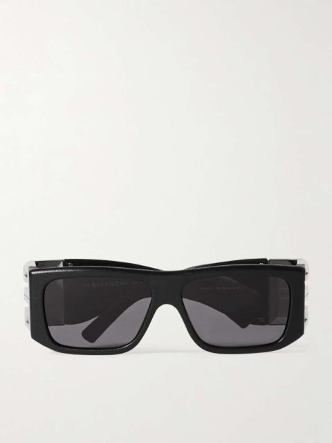 4G Square-Frame Acetate, Silver-tone and Leather Sunglasses