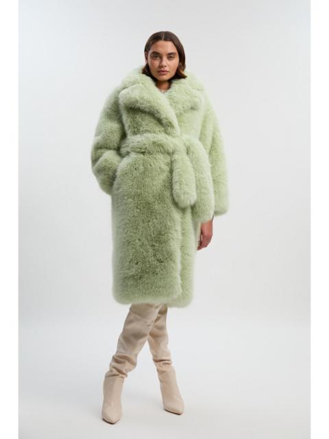 KAREN MILLEN Petite Textured Faux Fur Belted Long Full collar Coat