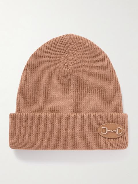 GUCCI Horsebit-detailed Appliquéd Ribbed Wool Beanie