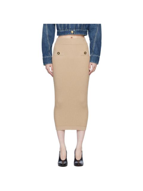 Balmain Beige Plain Ribbed Knit Midi Skirt