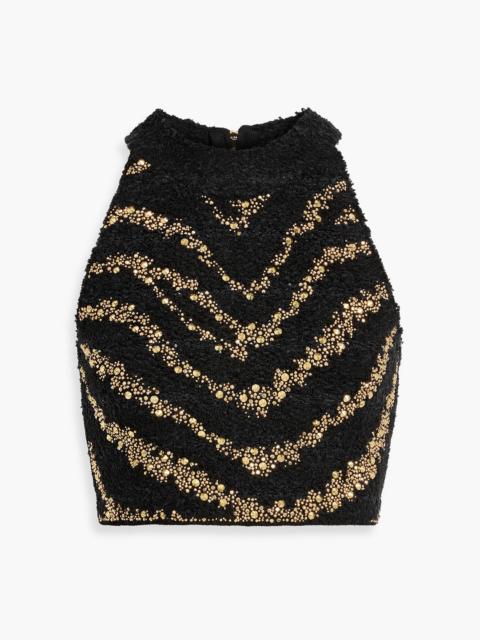 Balmain Cropped studded bouclé-tweed top