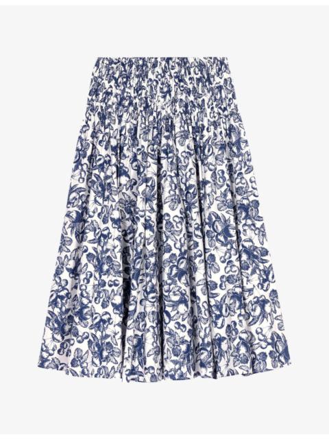 maje Fruit-Print Smocked-Waist Cotton Maxi Skirt