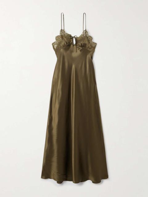 Lace-trimmed silk-satin midi dress Green