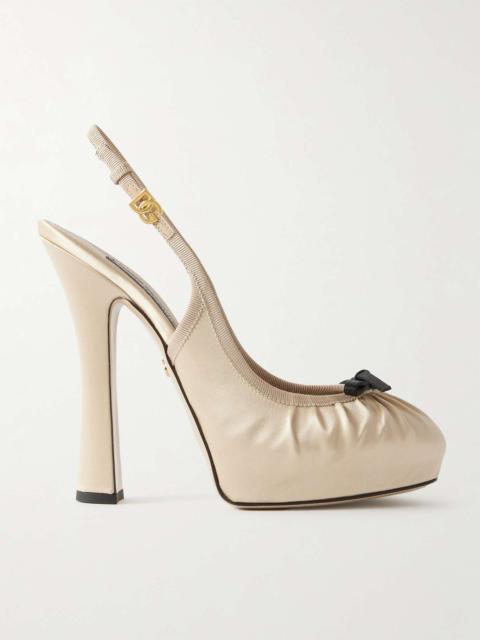 Bow-embellished grosgrain-trimmed satin slingback pumps Cream
