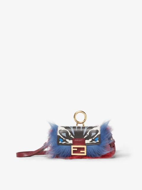 FENDI Nano Baguette Charm Printed leather and blue and red shearling charm
