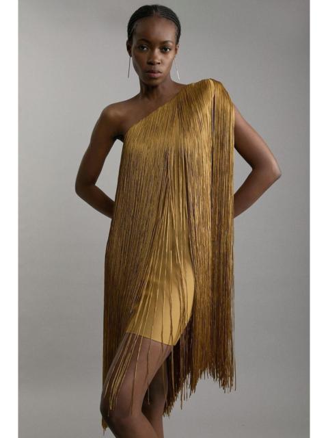 KAREN MILLEN Figure Form Bandage One Shoulder Fringe Mini Knit Dress