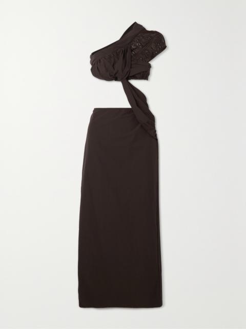 CHRISTOPHER ESBER Asymmetric Cutout Fringed Gathered Crepe Maxi Dress