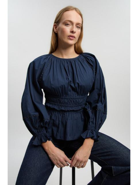 KAREN MILLEN Shirred Cotton Balloon Sleeve Blouse