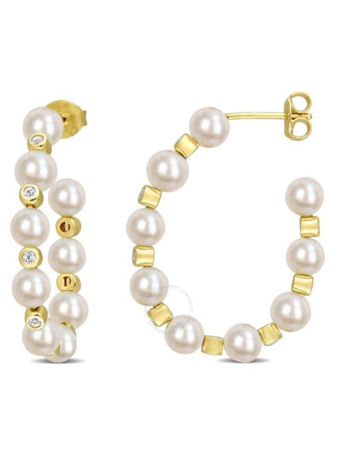Other Designers AMOUR 4.5-5mm Freshwater Cultured Pearl and 1/2 CT TGW White Topaz Beaded Hoop Earrings In Yellow Pl