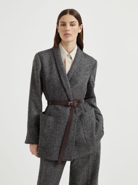 Brunello Cucinelli Virgin wool herringbone tweed blazer with monili and belt