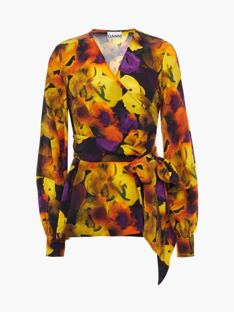 GANNI Printed crepe de chine wrap top