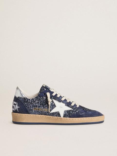 Golden Goose Women's Ball Star LTD in blue glitter with leather star and metallic leather heel tab