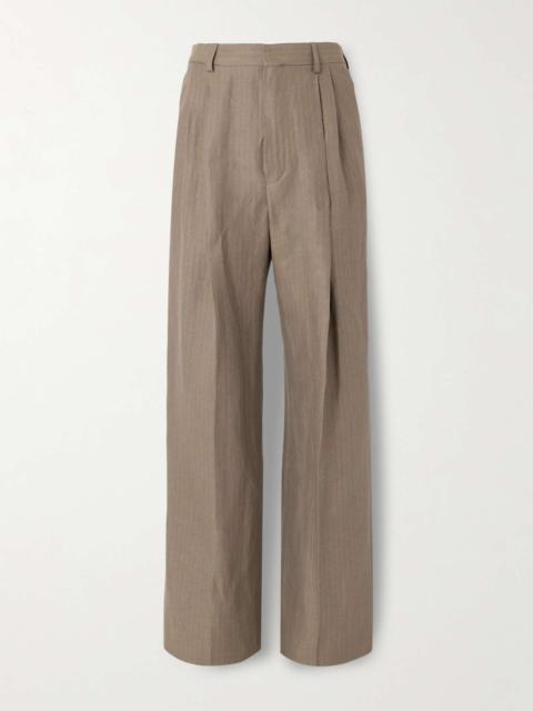 Wide-Leg Pleated Striped Linen and Wool-Blend Twill Trousers
