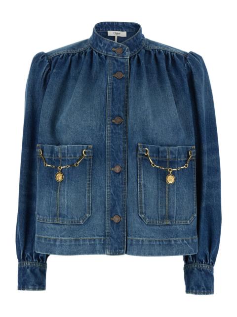 Chloé Chloé Women Blue Jacket With High Neck And Chain Detail On The Front In Denim Woman