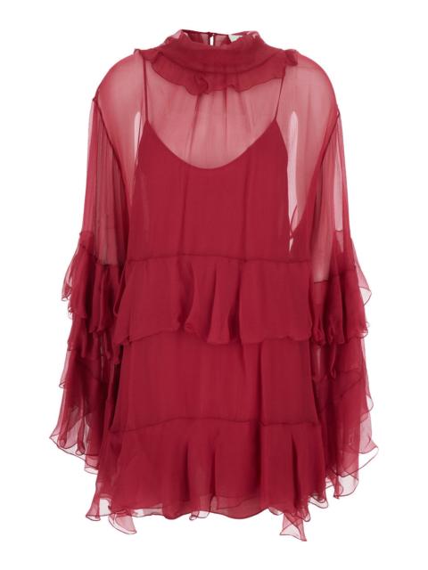 Chloé Chloé Women Fuchsia Crewneck Mini Dress With Ruches And Rear Button Closure In Silk Woman