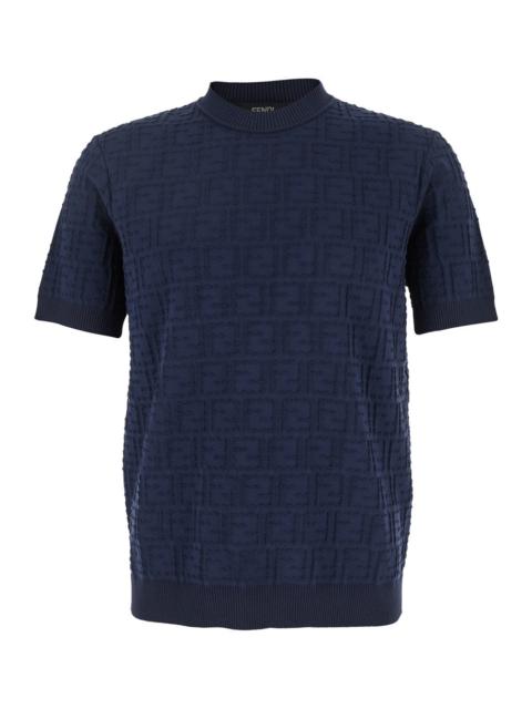 FENDI Fendi Men Blue Crewneck T-Shirt With All-Over Ff Logo Embroidery In Cotton Man