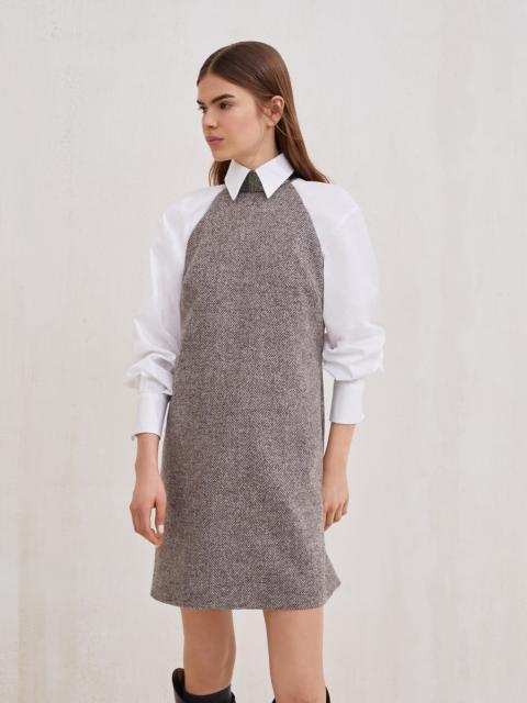 Brunello Cucinelli Virgin wool herringbone tweed dress with precious beaded collar